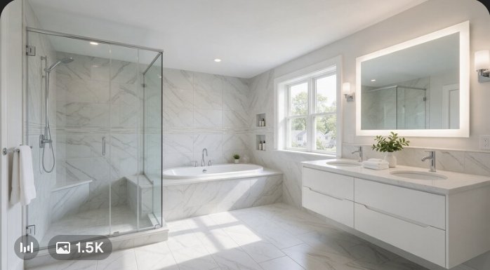 Renovated bathroom with walk-in shower and freestanding tub by Nassau Roofing and Remodeling
