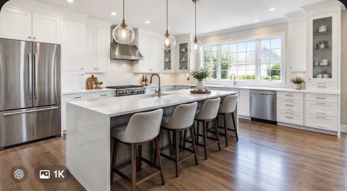 Renovated kitchen with quartz island by Nassau Roofing and Remodeling